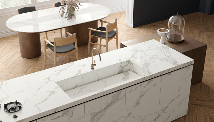 SapienStone Calacatta Light marble-effect porcelain stoneware kitchen tops for islands, counters, and tables