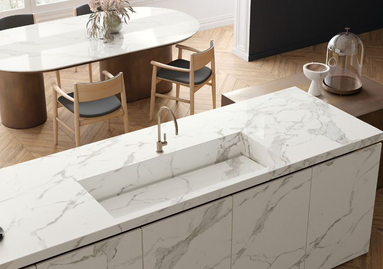 SapienStone Calacatta Light marble-effect porcelain stoneware kitchen tops for islands, counters, and tables