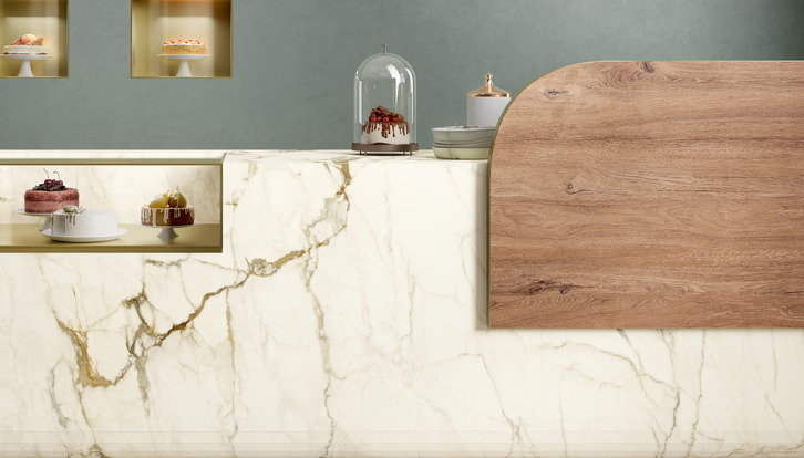 SapienStone Calacatta Macchia Vecchia marble-effect porcelain stoneware kitchen tops for bakery counters
