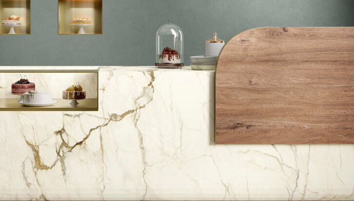 matching wood- and marble-effect modern kitchen