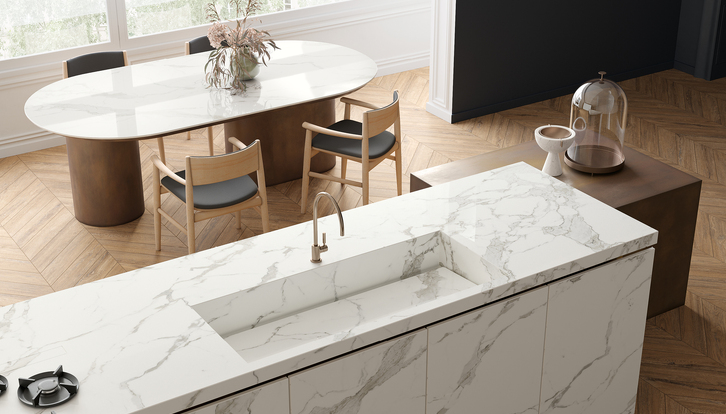 white marble-effect natural ceramic kitchen top