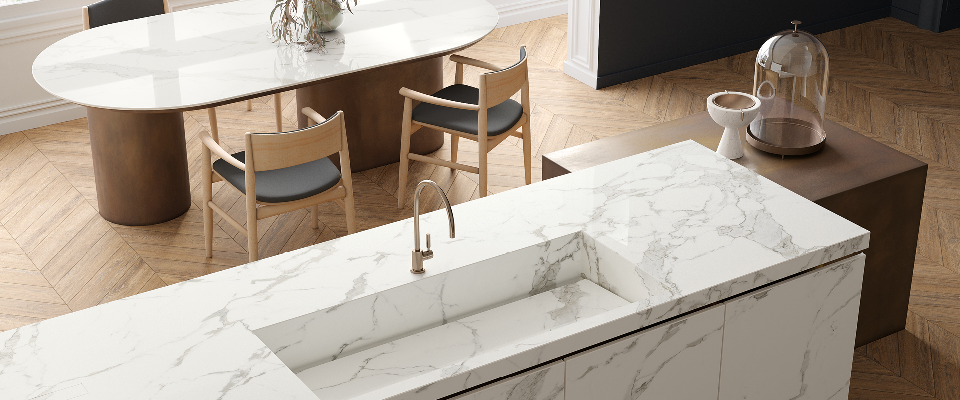 White marble-effect kitchen tops: 4 combinations